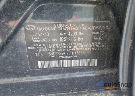 2011 Hyundai Sonata Gls z USA, uszkodzony, nr VIN 5NPEB4AC7BH113854